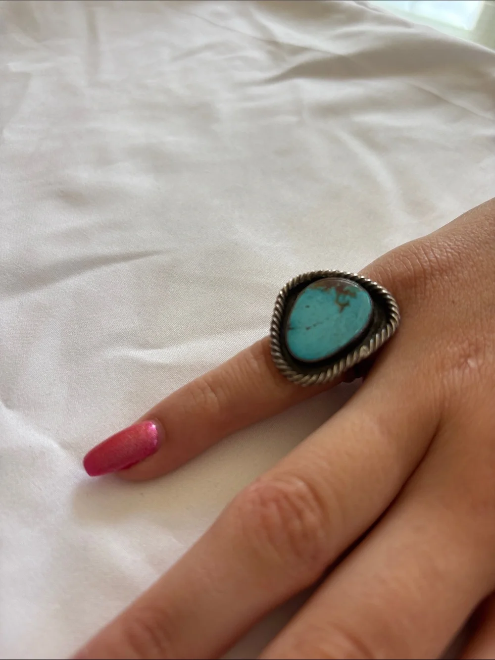 Teardrop Turquoise Statement Ring in Silver-Tone Setting size 6.5